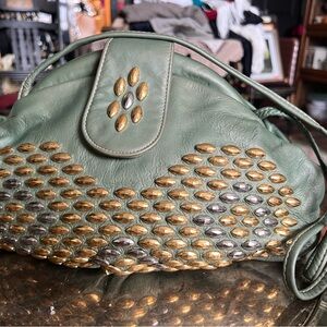 USA made Vintage Genuine Leather HOBO Style shoulder bag with brass studs